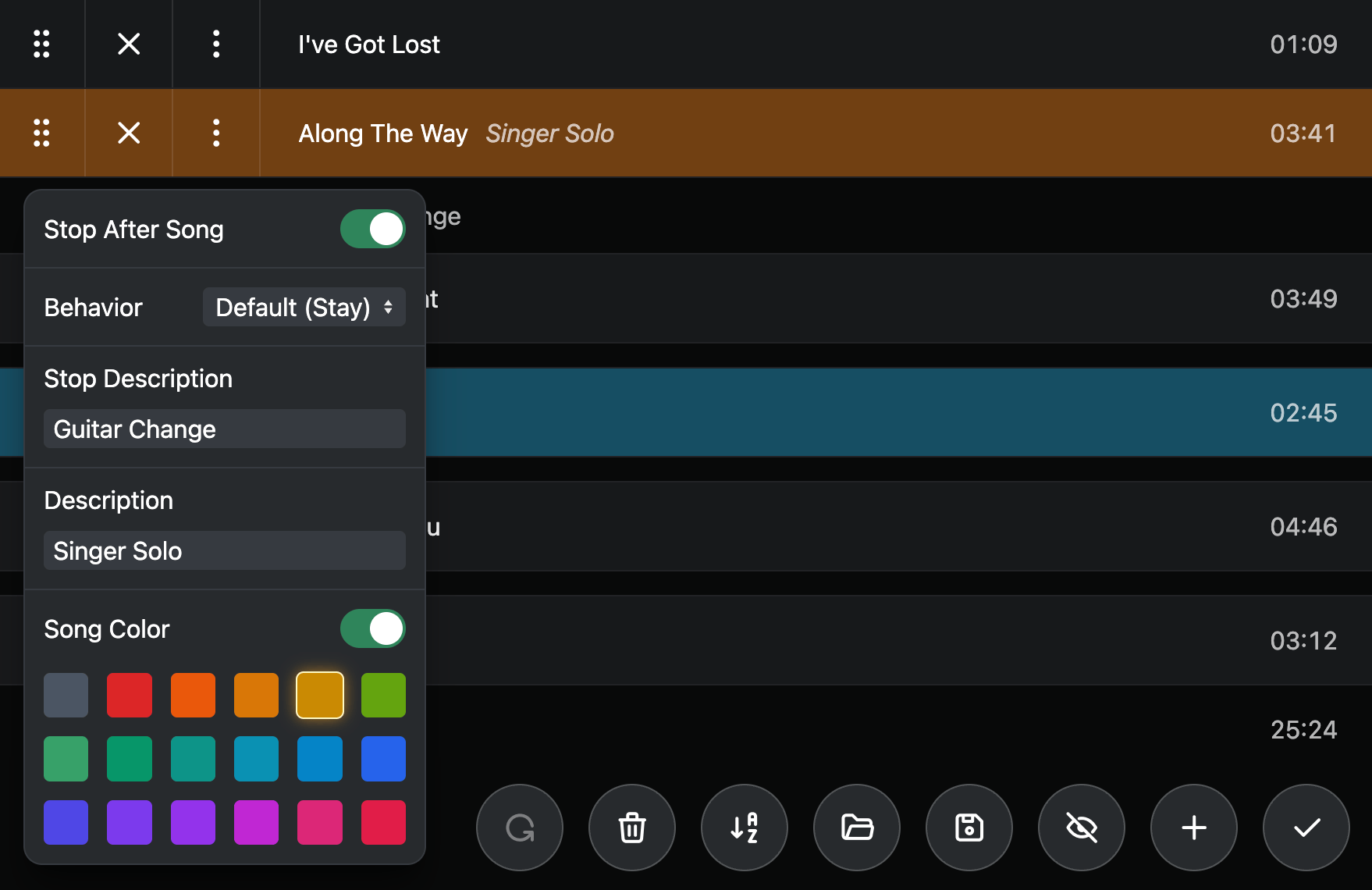 The Setlist Editor with a popover showing song settings