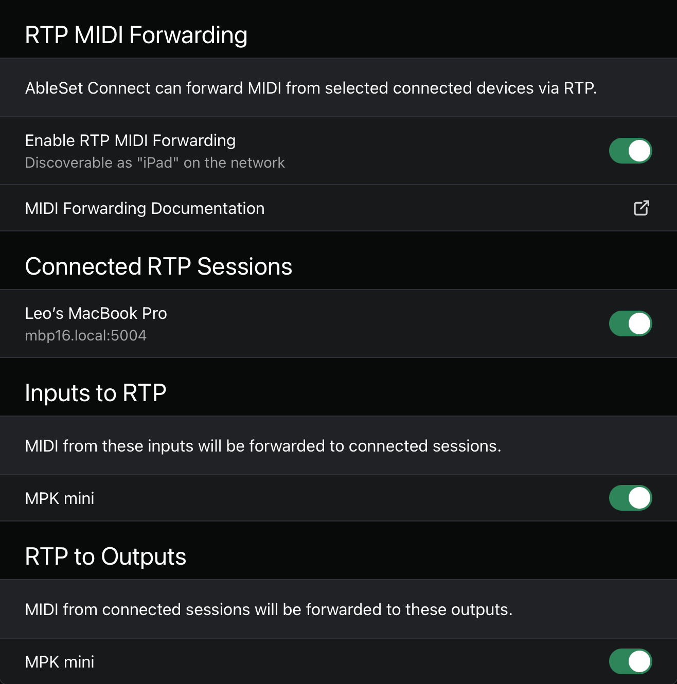AbleSet Connect showing the created RTP Session