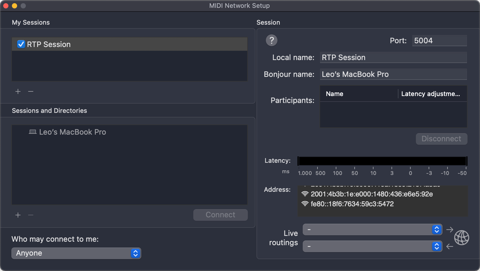 MIDI Network Setup with a sample session